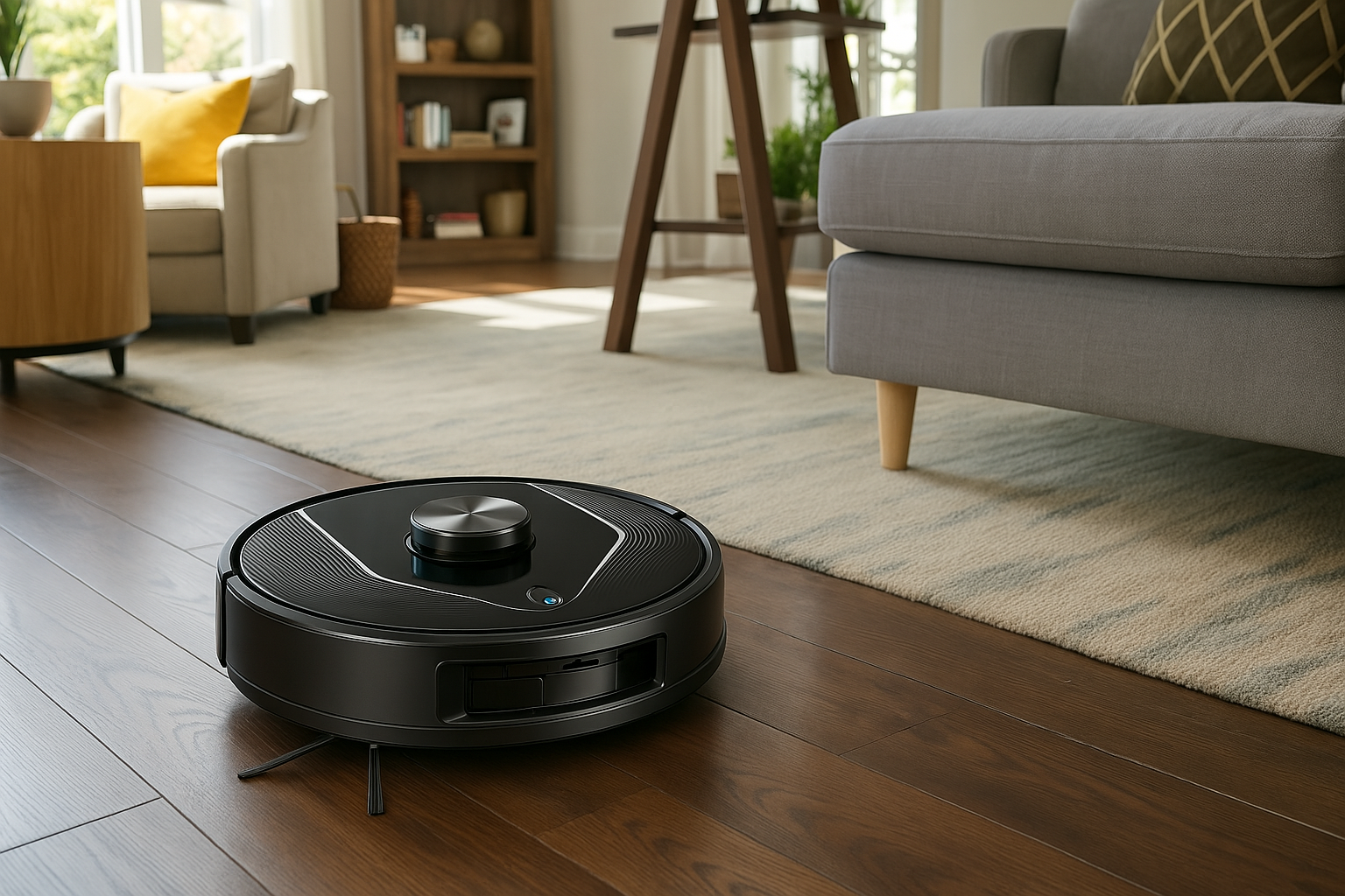 A Robotic Vacuum on Hardwood Floor Next to Tile Flooring